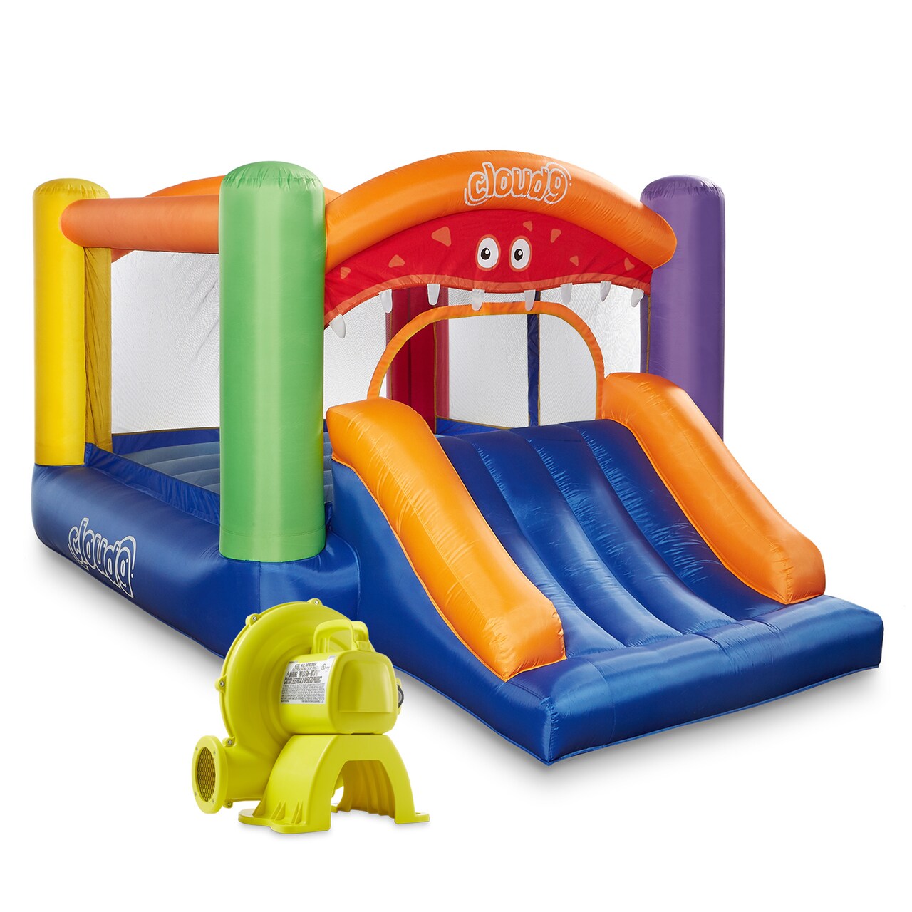 Cloud 9 Inflatable Bounce House and Blower, Monster Theme Bouncer for Kids with Slide, Includes Stakes and Repair Patches